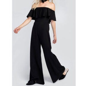 Wildfox Black Wide Leg Harlow Off Shoulder Ruffle Jumpsuit XS NEW